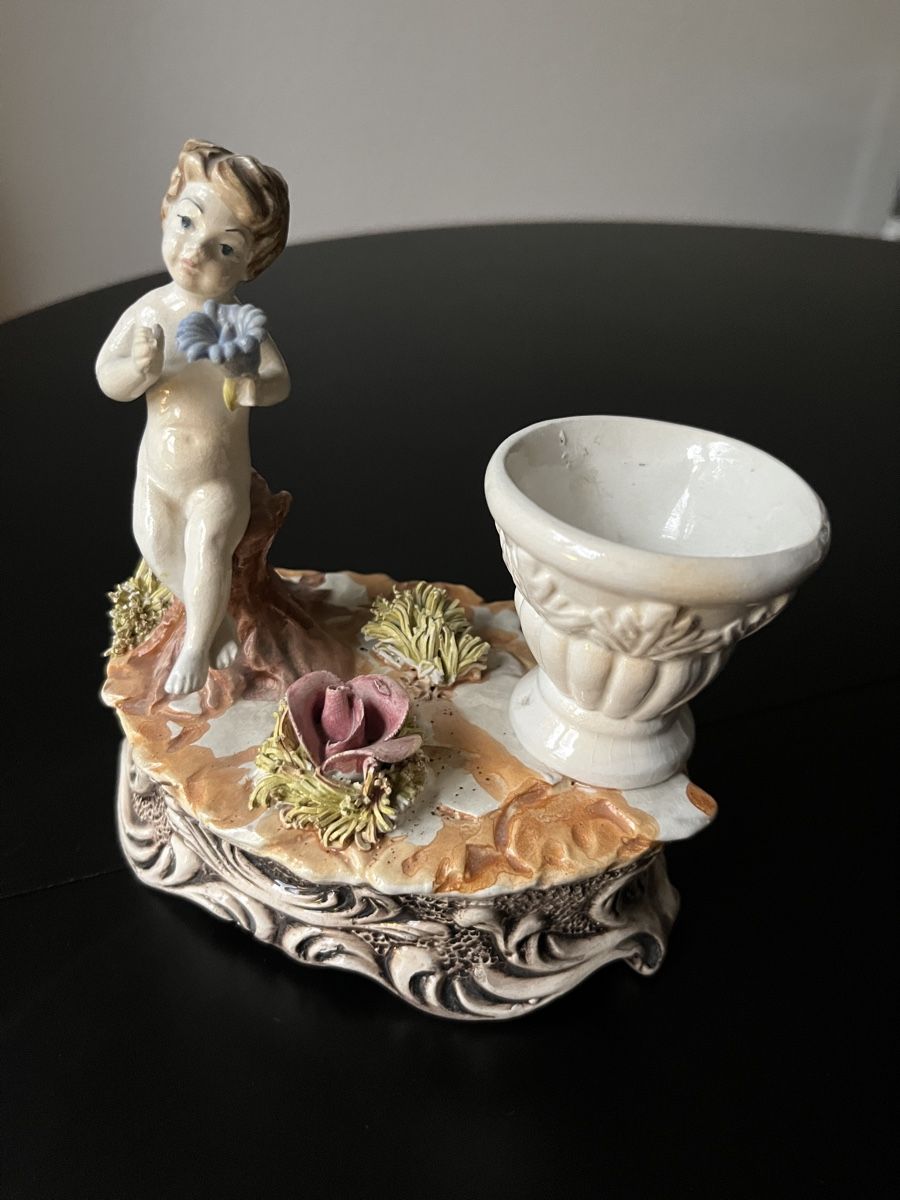 Antique Porcelain Cherub Figurine Candle Holder