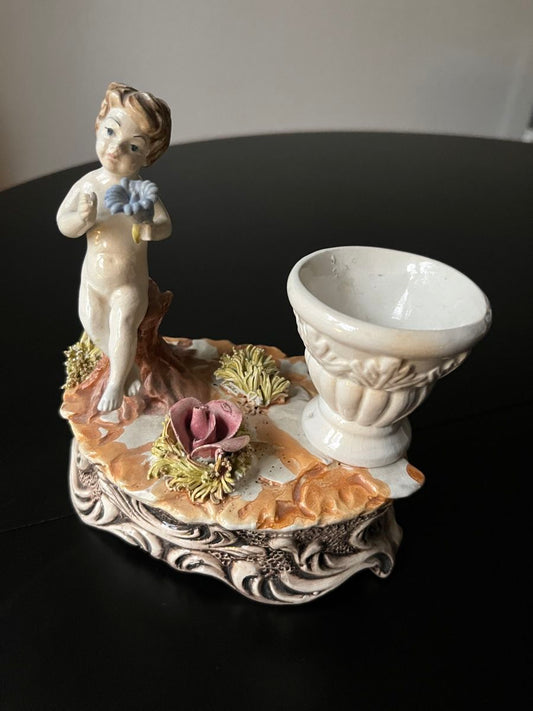Antique Porcelain Cherub Figurine Candle Holder