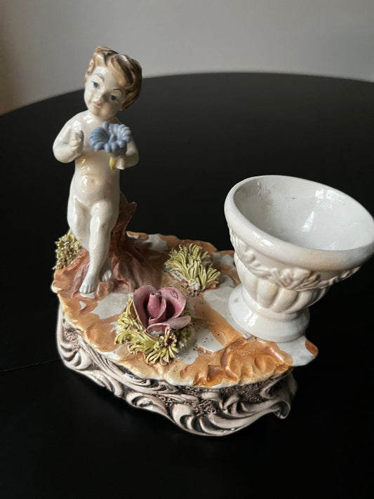 Antique Porcelain Cherub Figurine Candle Holder