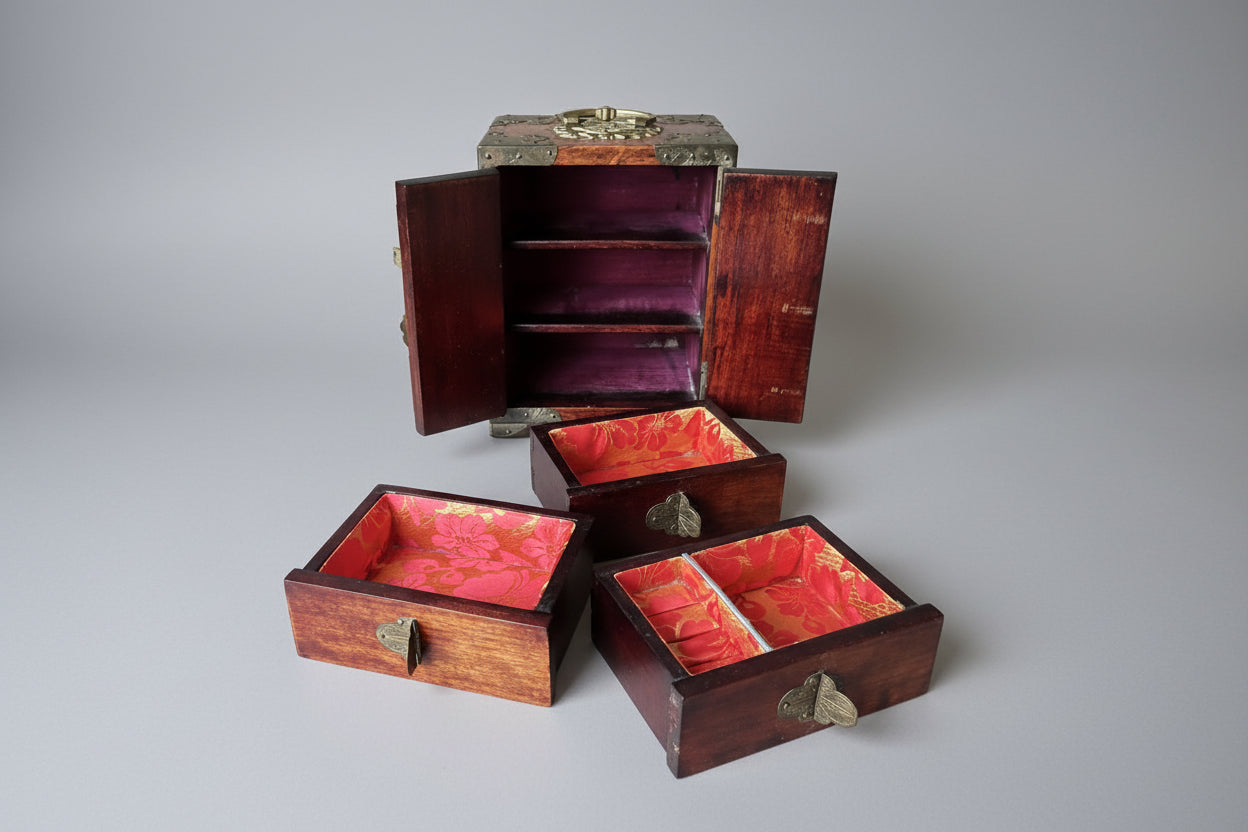 Antique Chinese Wooden Jewelry Box with Drawers